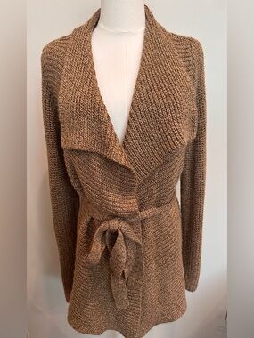 Lauren Ralph Lauren Gold Metallic Knit Wrap Cardigan Sweater Wool Blend L
